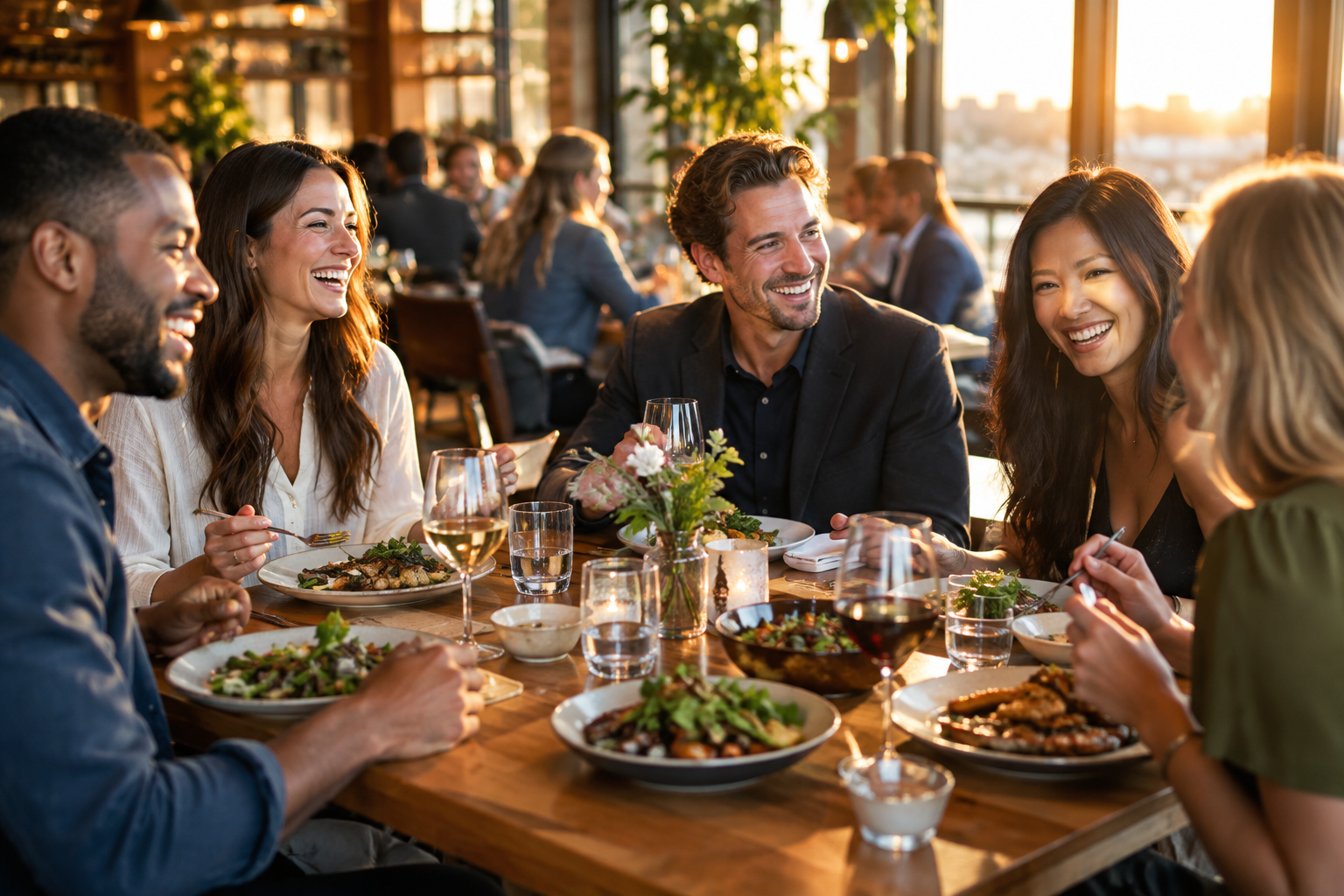 Clientes felizes reunidos em um restaurante