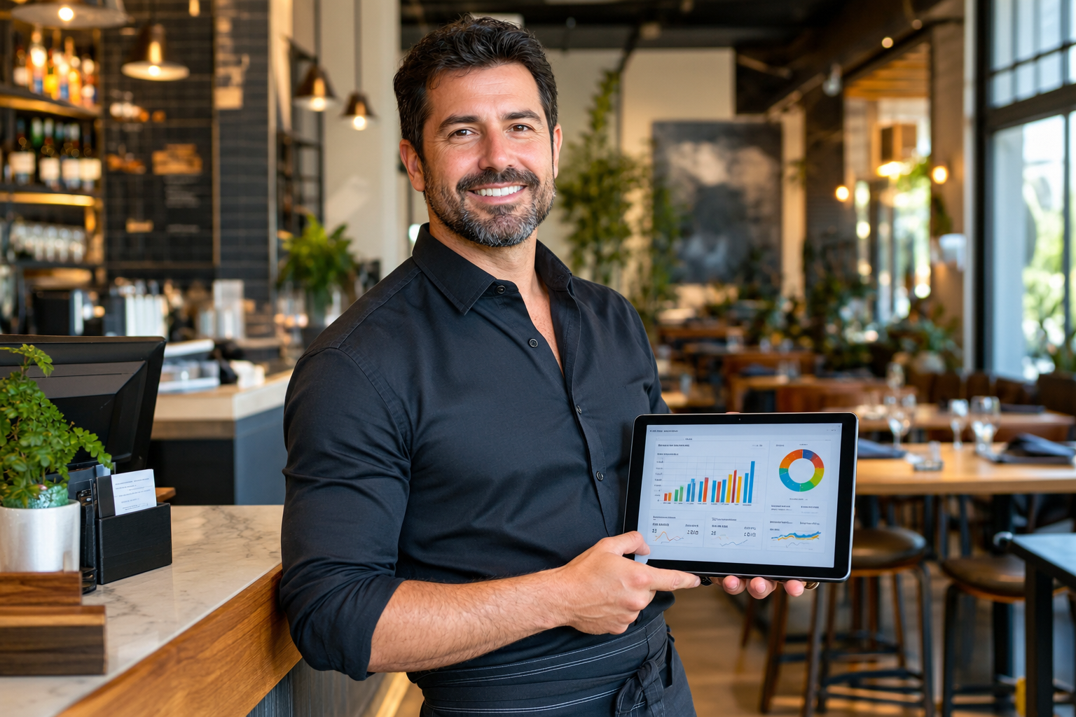 Dono de estabelecimento analisando dados do Suggest em um tablet