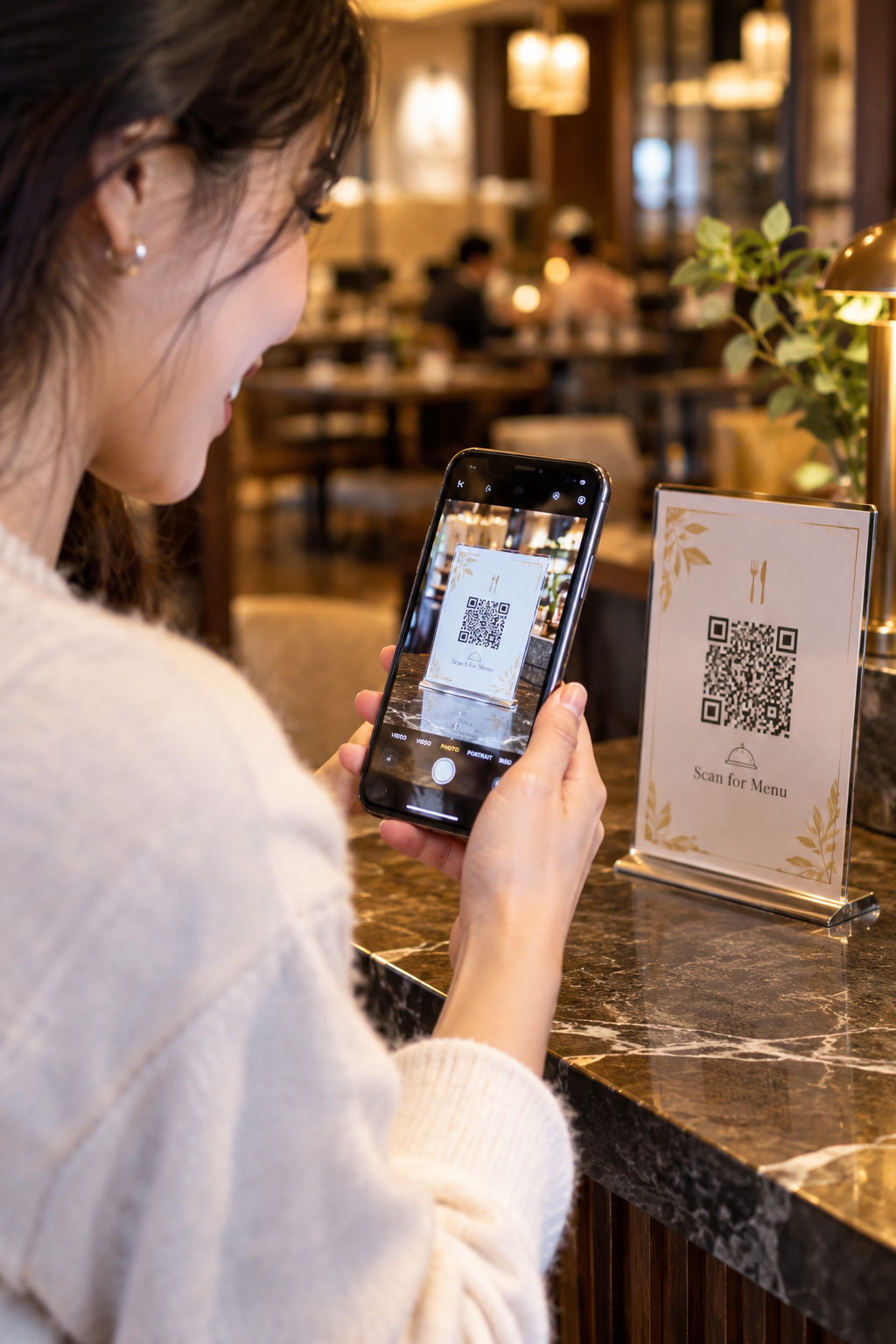 Cliente escaneando o QR Code do banner Suggest no balcão